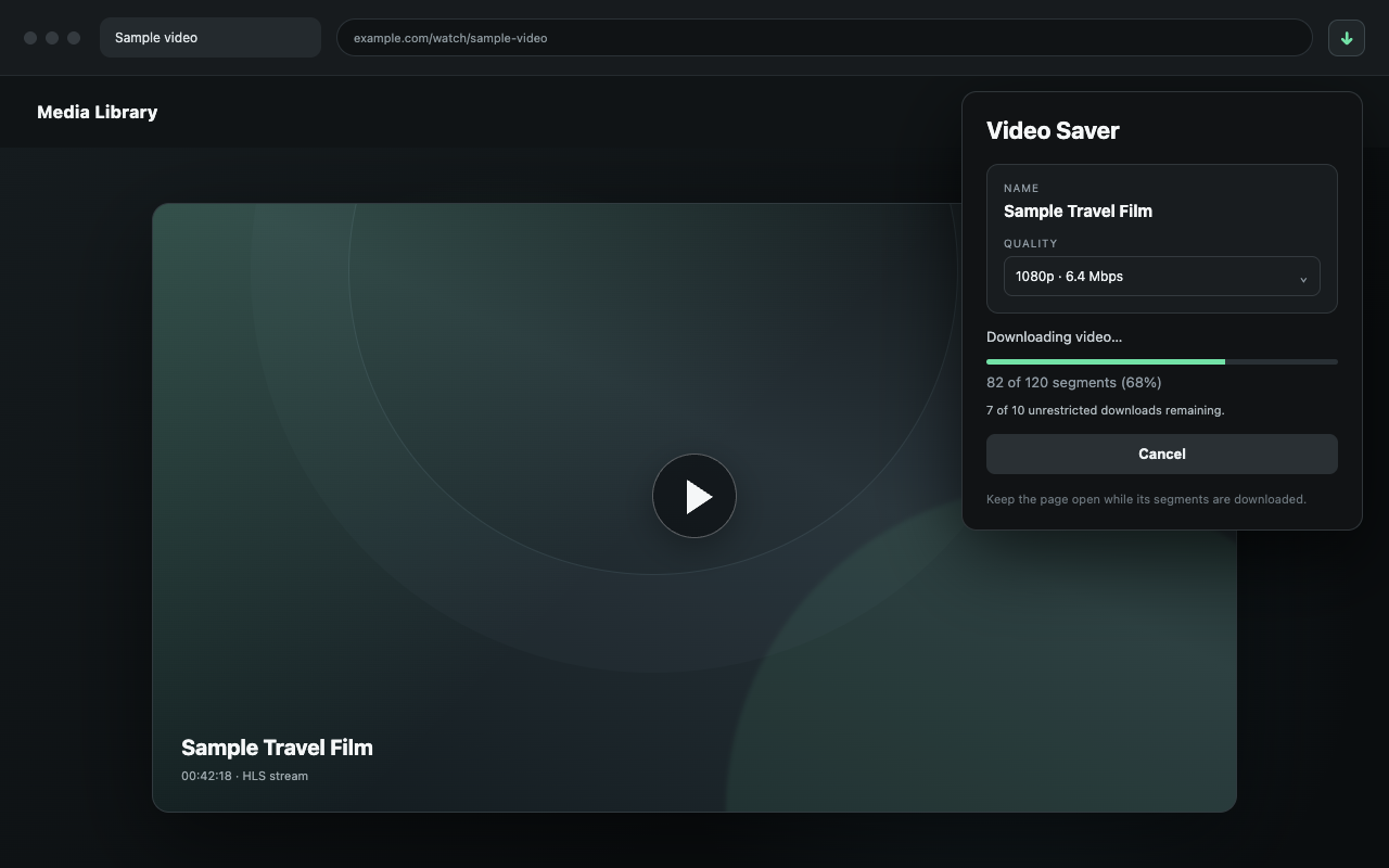 Video Saver downloading a sample travel film at 1080p